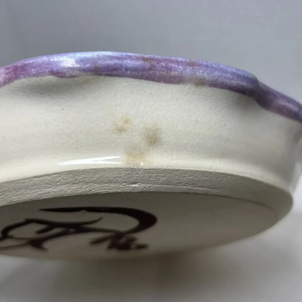 Art Pottery Pie Dish Purple Kitty Cat Ruffled Edge Signed Ceramic 10